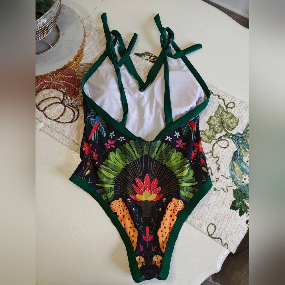 Tropical Print One-Piece Swimsuit Tie Straps - Picture 2 of 3